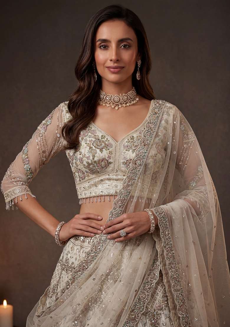 Cream Sequin Work Net Lehenga Set - Indya