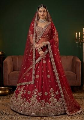 Maroon Embroidery Silk Lehenga Set