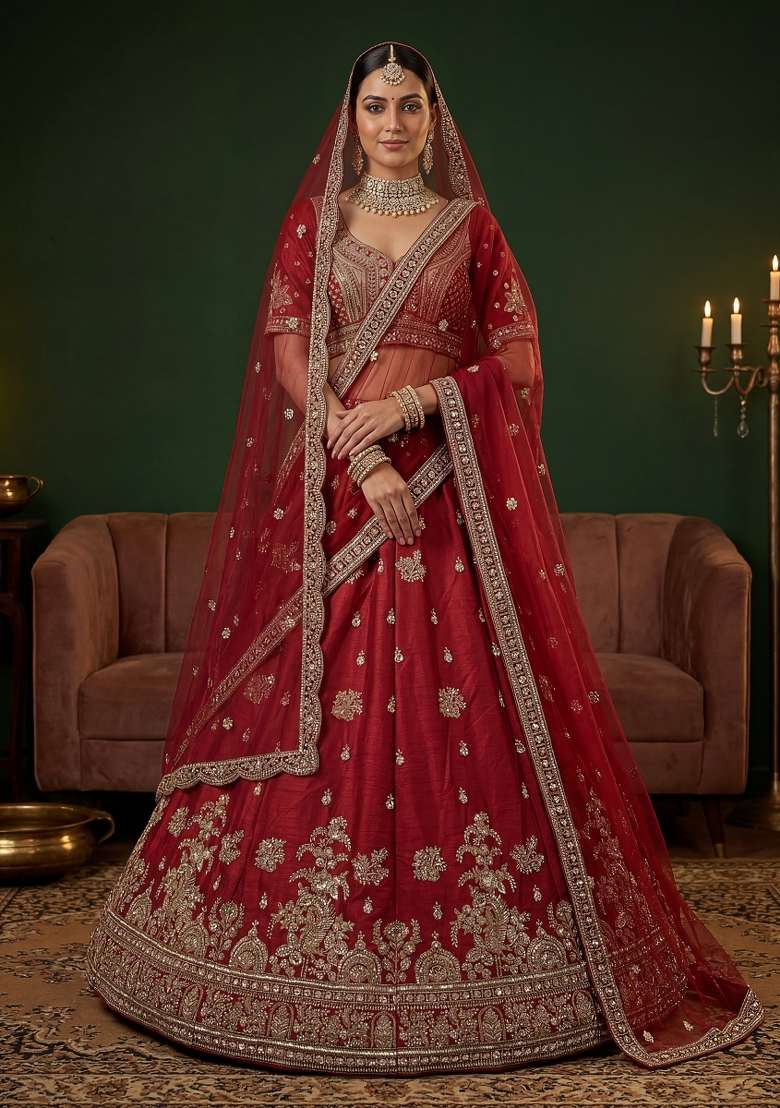 Maroon Embroidery Silk Lehenga Set - Indya
