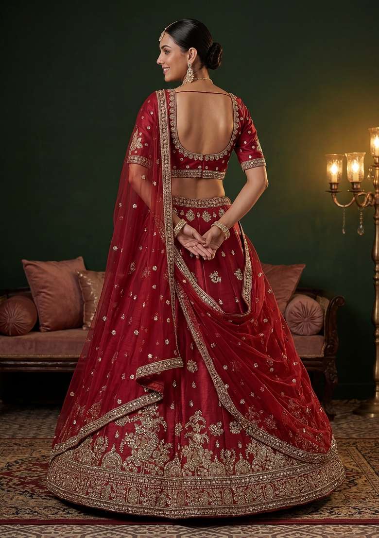 Maroon Embroidery Silk Lehenga Set - Indya