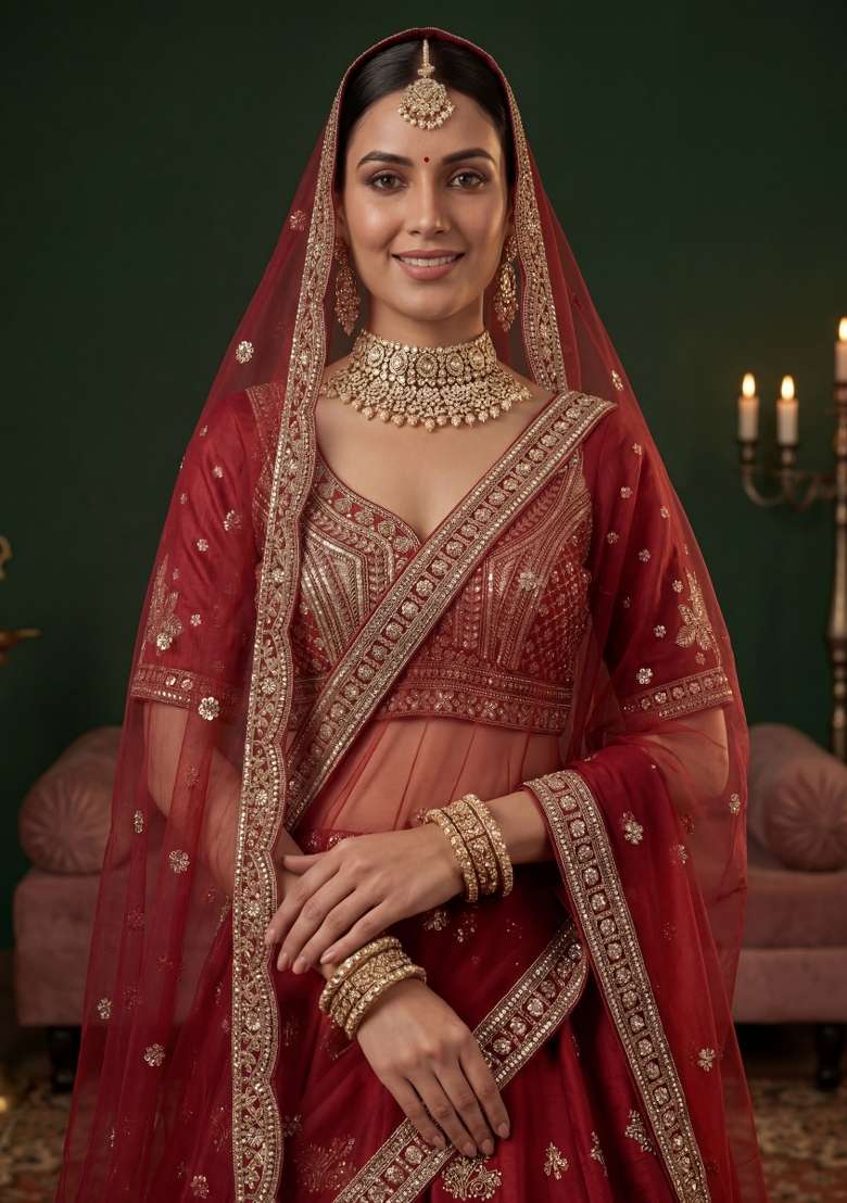 Maroon Embroidery Silk Lehenga Set - Indya