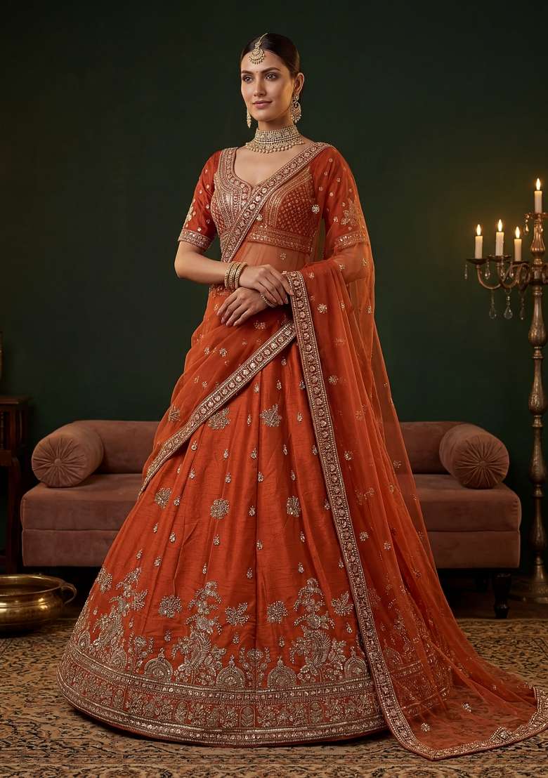 Mustard Embroidery Silk Lehenga Set - Indya