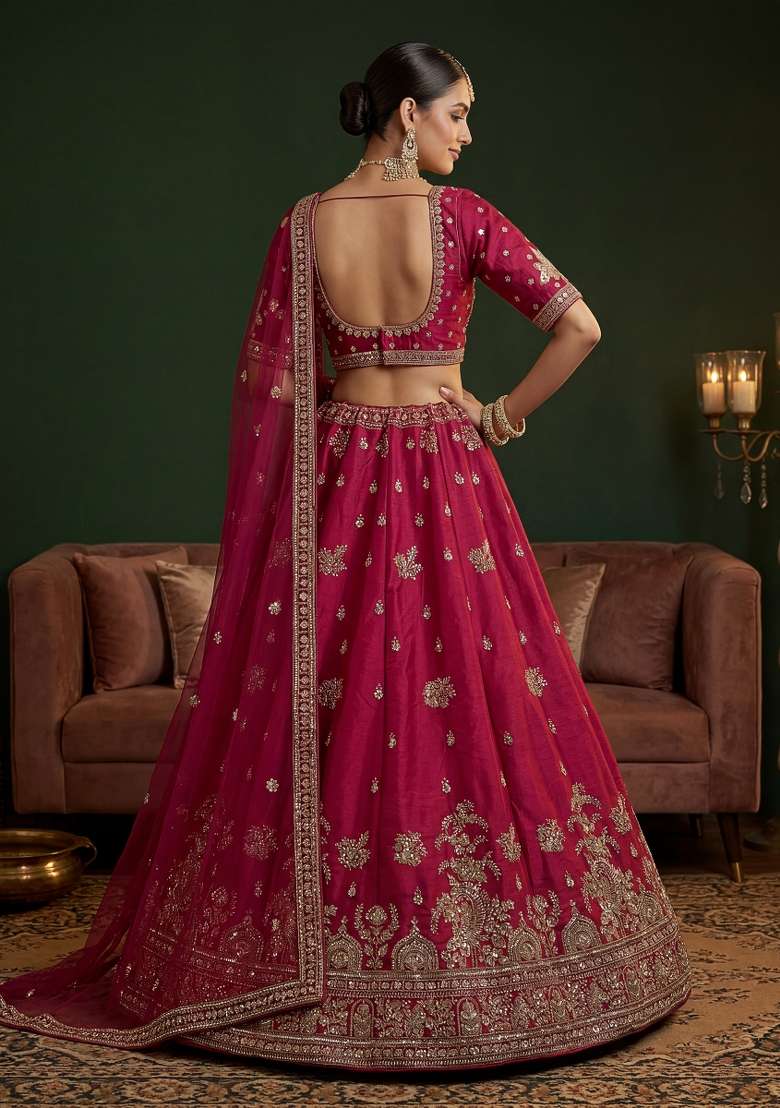 Pink Embroidery Silk Lehenga Set - Indya