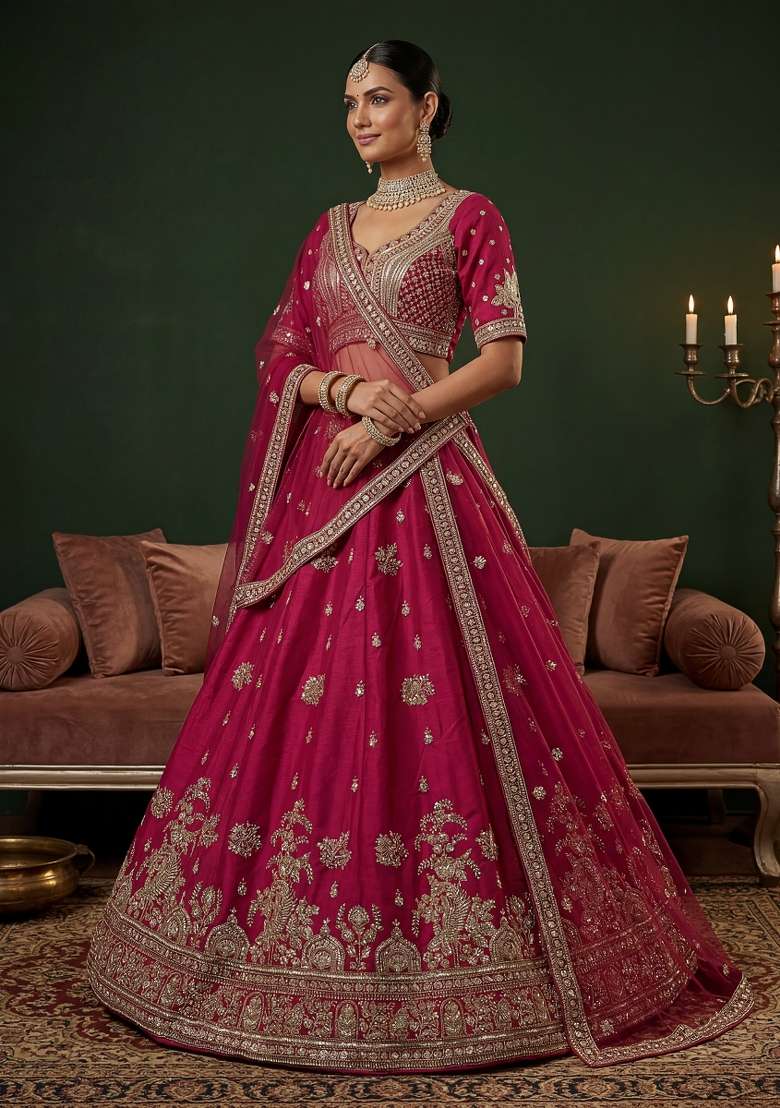 Pink Embroidery Silk Lehenga Set - Indya