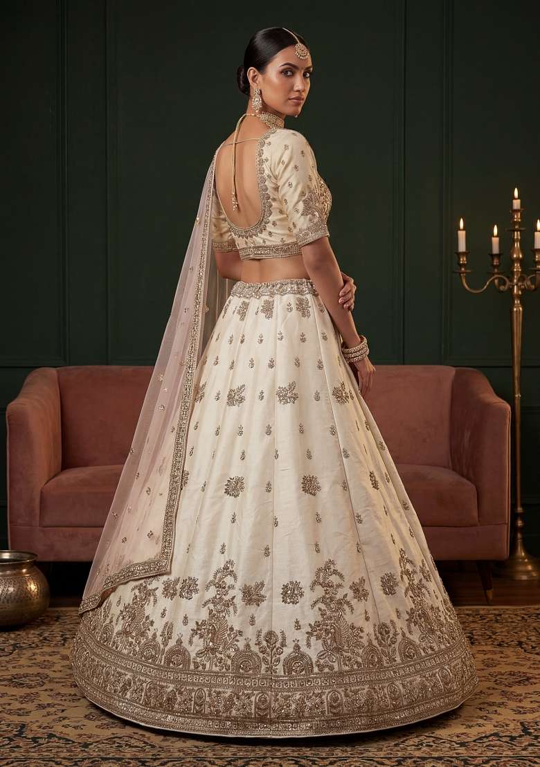 Cream Embroidery Silk Lehenga Set - Indya