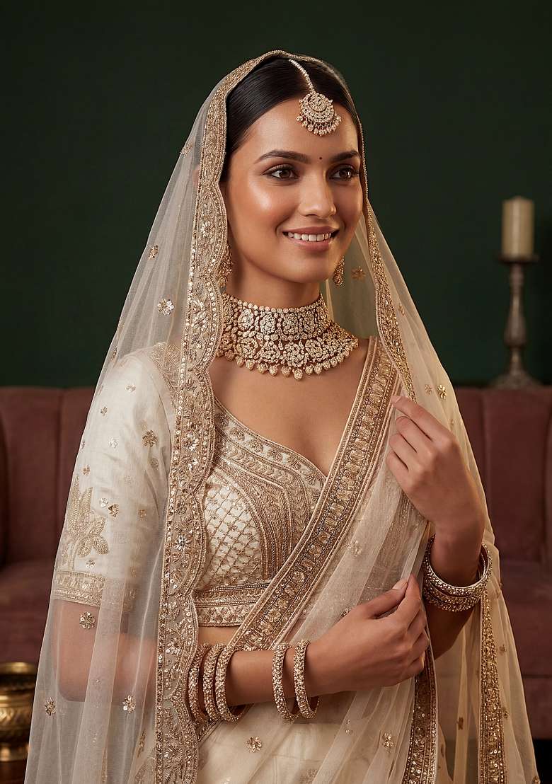Cream Embroidery Silk Lehenga Set - Indya