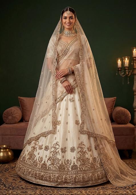 Cream Embroidery Silk Lehenga Set