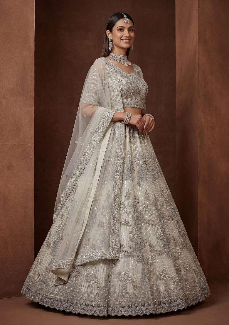 Cream Embroidery Net Lehenga Set - Indya
