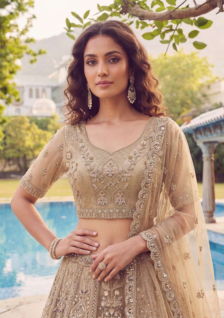 Chiku Embroidery Net Lehenga Set - Indya