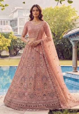 Peach Embroidery Net Lehenga Set