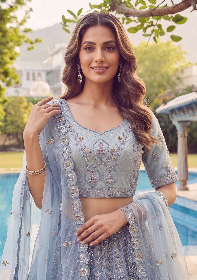 Grey Embroidery Net Lehenga Set - Indya