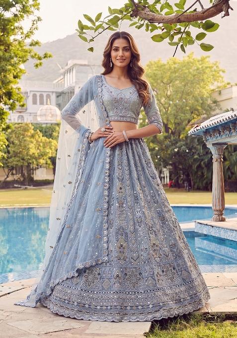 Grey Embroidery Net Lehenga Set