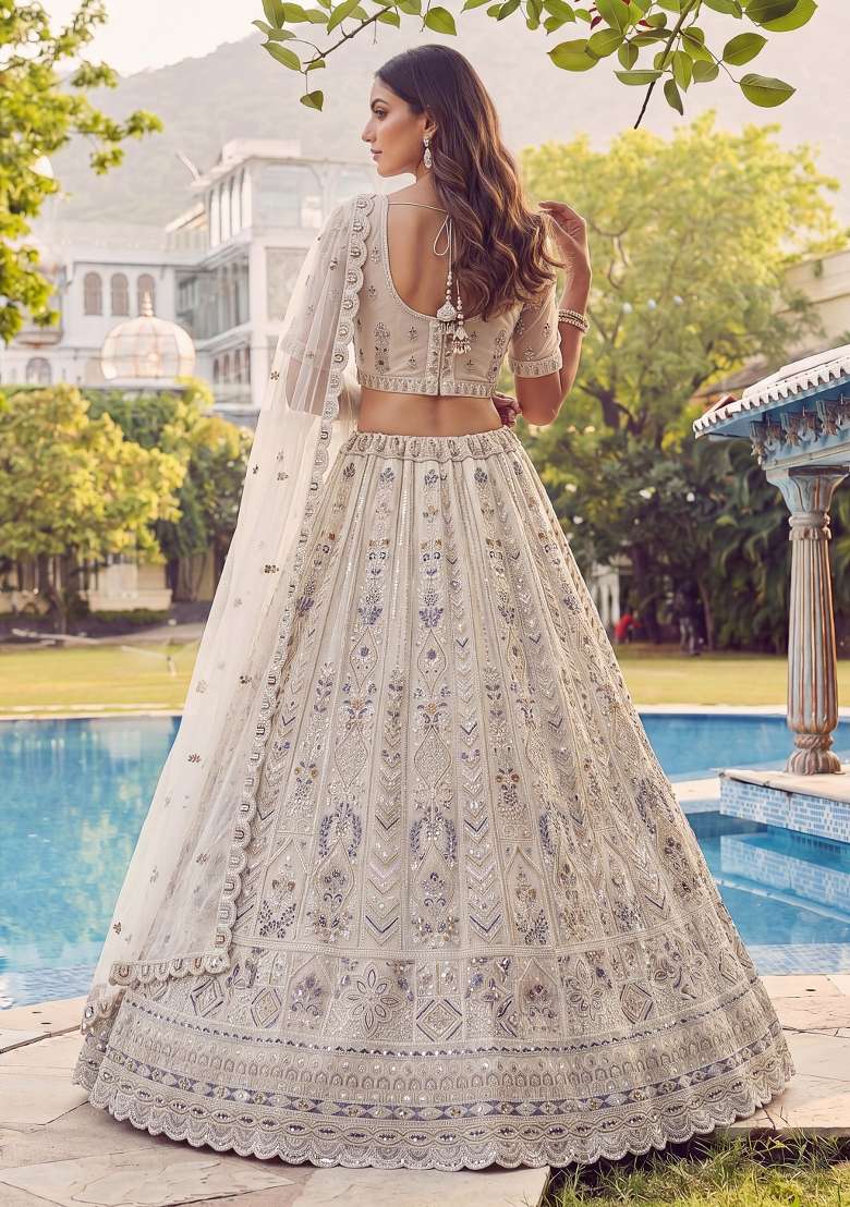 White Embroidery Net Lehenga Set - Indya