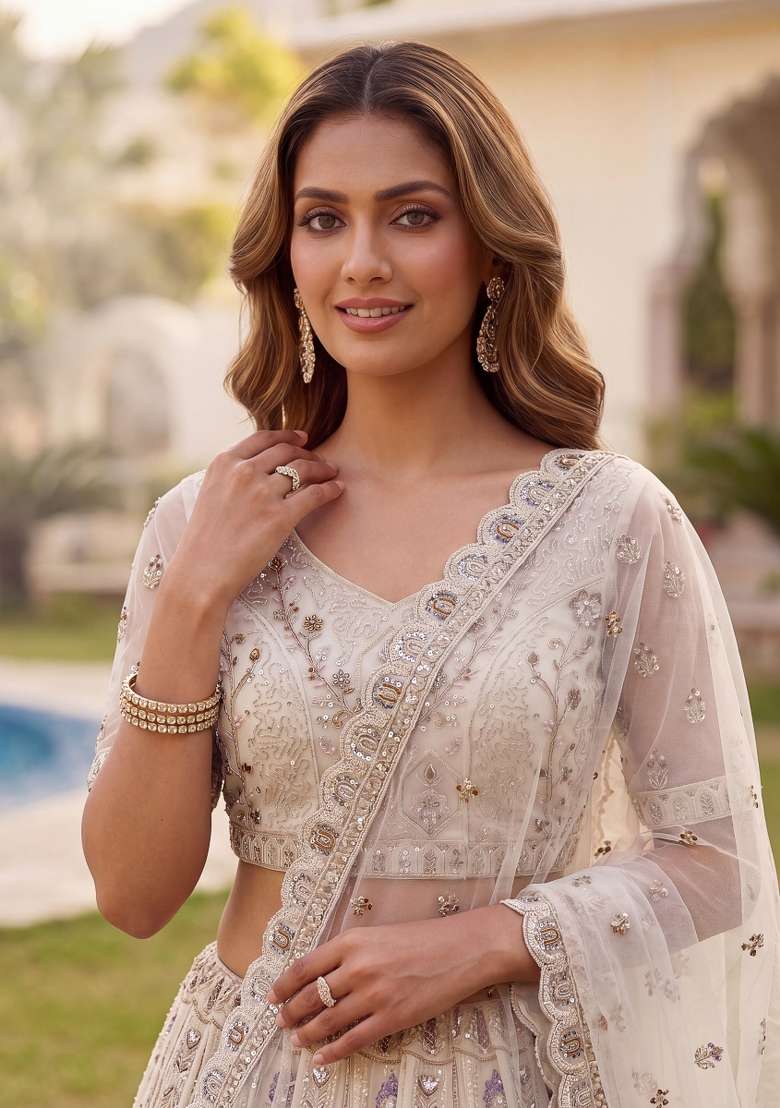 White Embroidery Net Lehenga Set - Indya