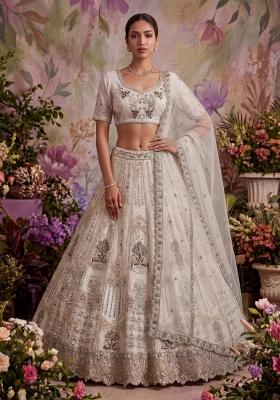 White Sequin Work Net Lehenga Set