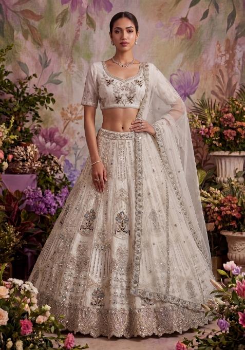 White Sequin Work Net Lehenga Set