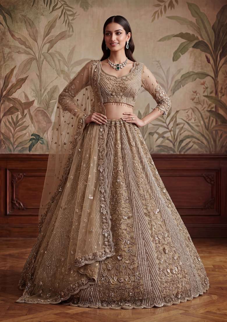 Chiku Embroidery Net Lehenga Set - Indya