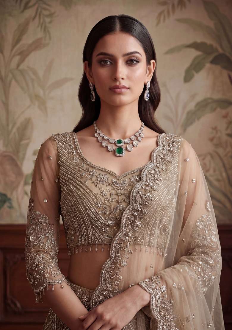 Chiku Embroidery Net Lehenga Set - Indya
