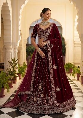 Maroon Embroidery Velvet Lehenga Set