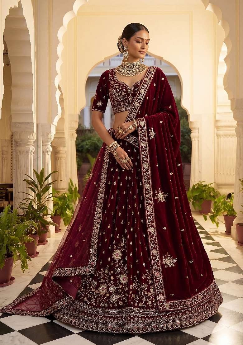 Maroon Embroidery Velvet Lehenga Set - Indya
