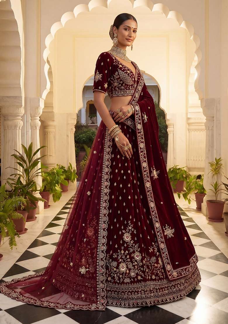 Maroon Embroidery Velvet Lehenga Set - Indya