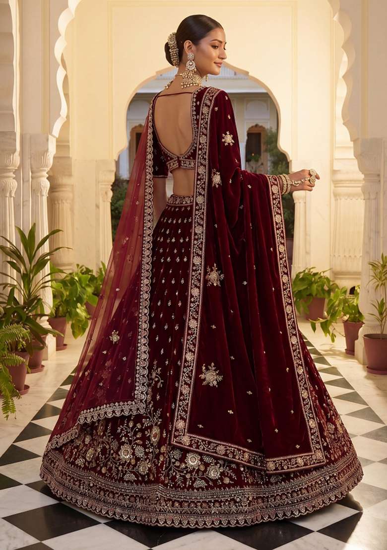 Maroon Embroidery Velvet Lehenga Set - Indya