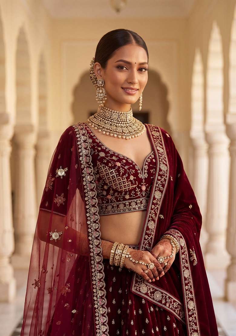 Maroon Embroidery Velvet Lehenga Set - Indya