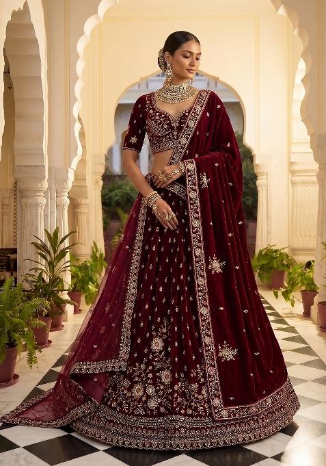 Maroon Embroidery Velvet Lehenga Set