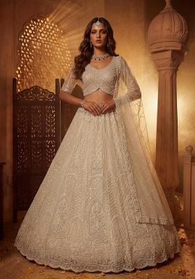 Cream Sequin Work Net Lehenga Set