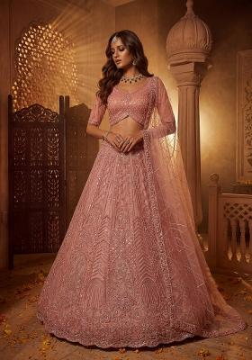 Peach Sequin Work Net Lehenga Set