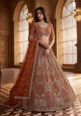 Rust Sequin Work Net Lehenga Set