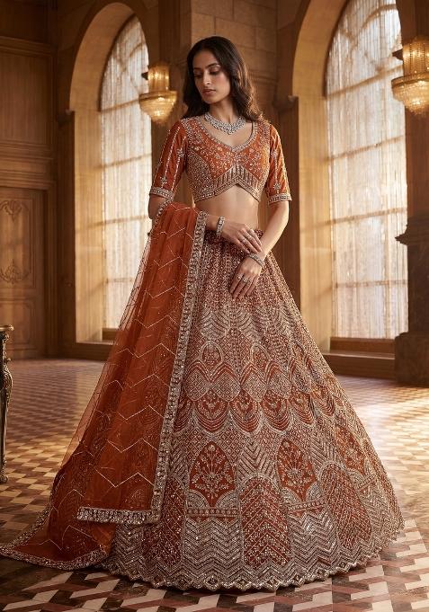 Rust Sequin Work Net Lehenga Set