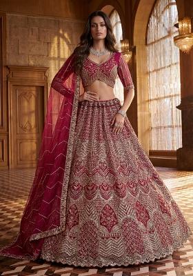 Pink Sequin Work Net Lehenga Set