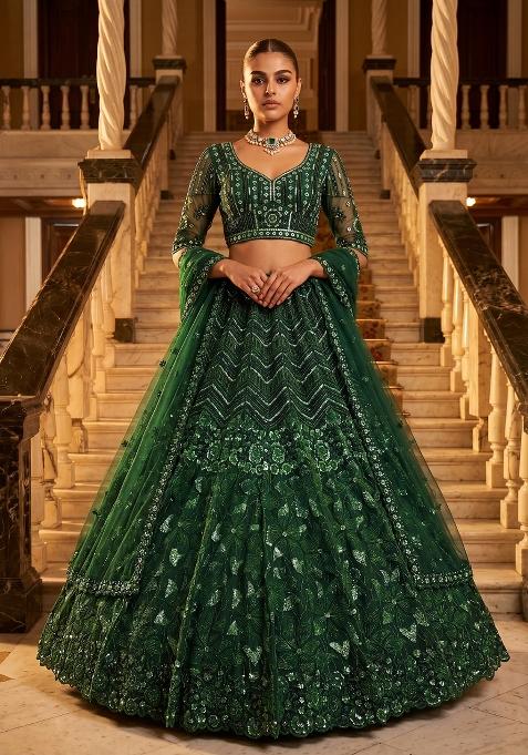 Green Embroidery Net Lehenga Set
