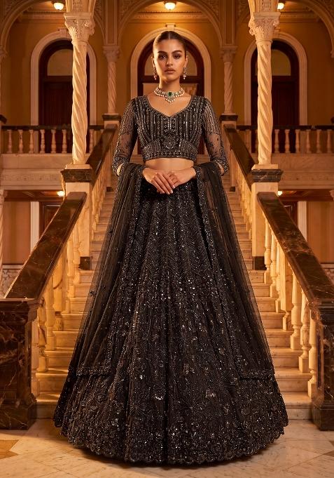 Black Embroidery Net Lehenga Set
