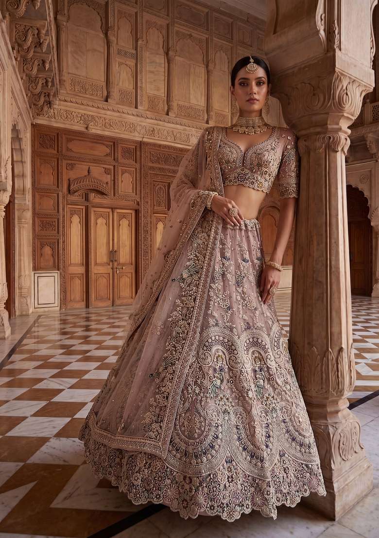 Dusty Pink Embroidery Net Lehenga Set - Indya