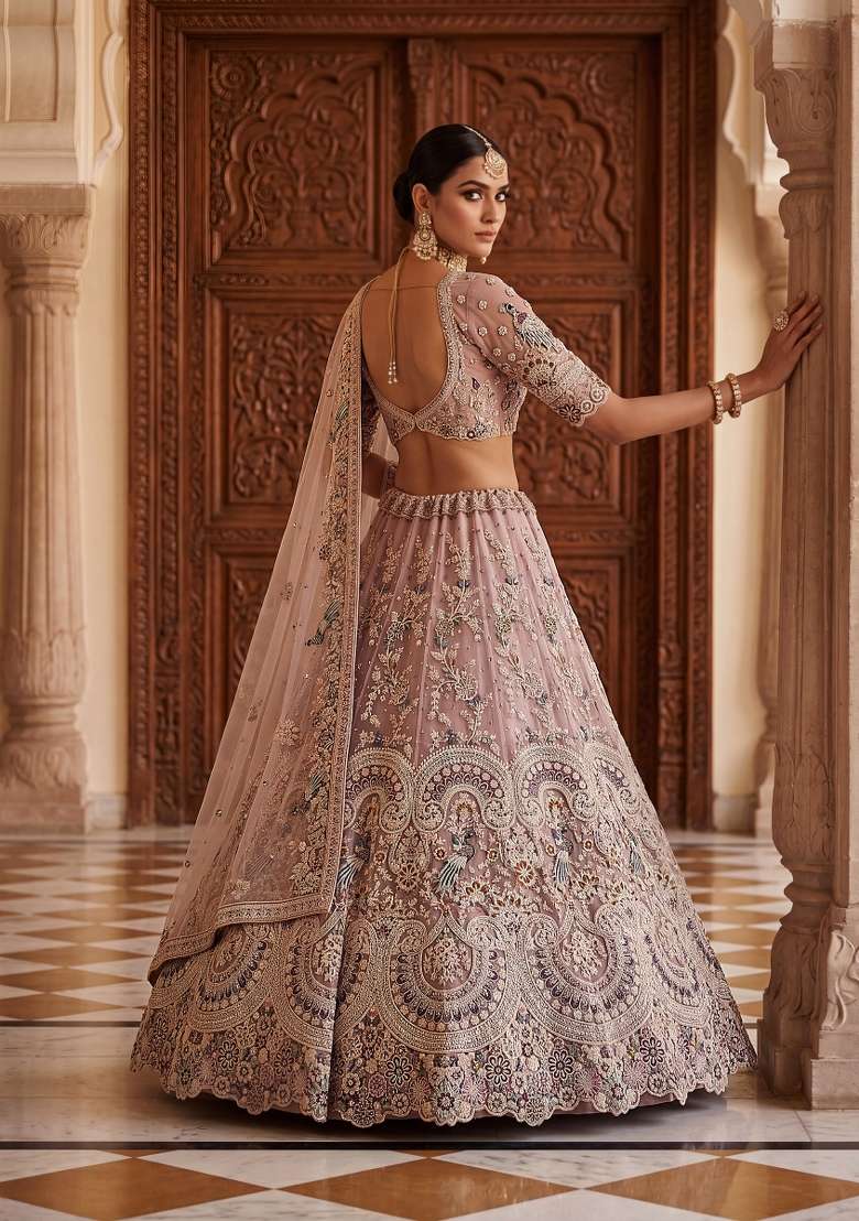 Dusty Pink Embroidery Net Lehenga Set - Indya