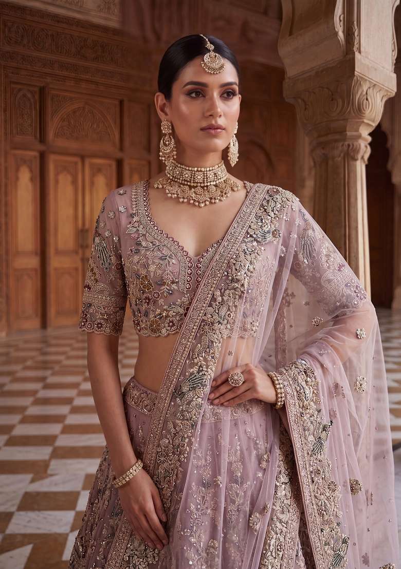 Dusty Pink Embroidery Net Lehenga Set - Indya