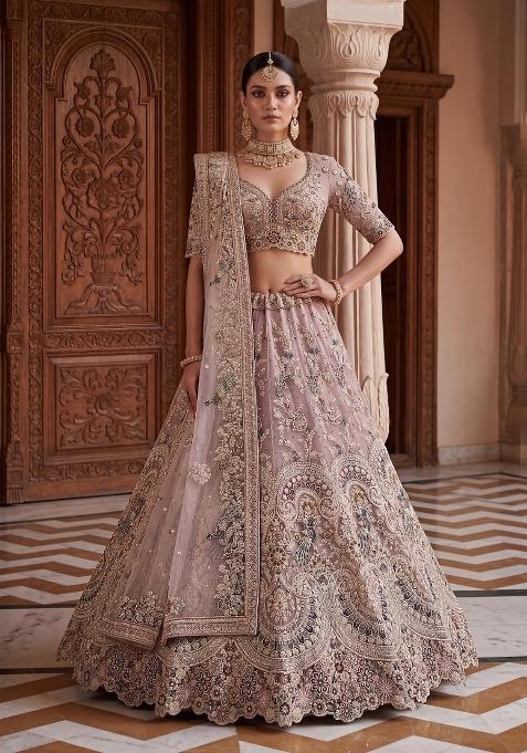 Dusty Pink Embroidery Net Lehenga Set