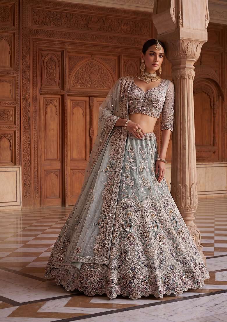 Sky Blue Embroidery Net Lehenga Set - Indya