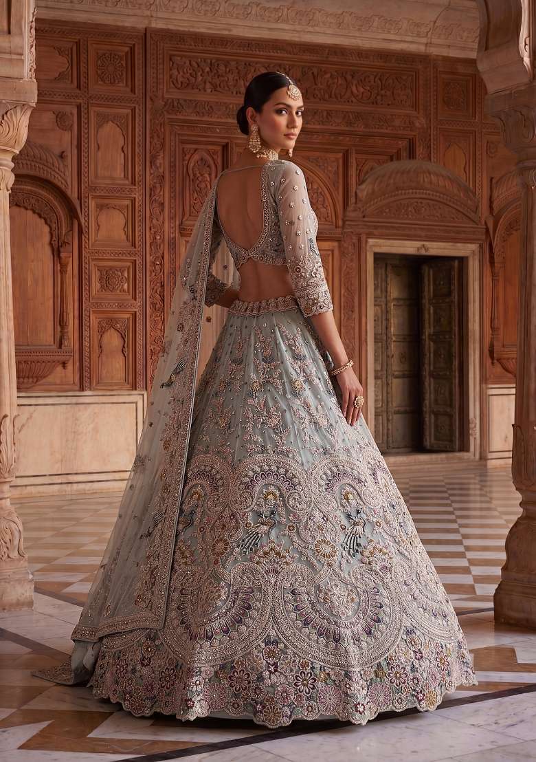 Sky Blue Embroidery Net Lehenga Set - Indya
