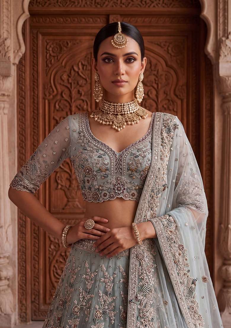 Sky Blue Embroidery Net Lehenga Set - Indya