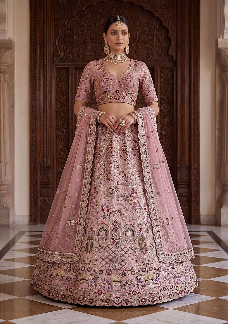 Dusty Pink Sequin Work Silk Lehenga Set - Indya