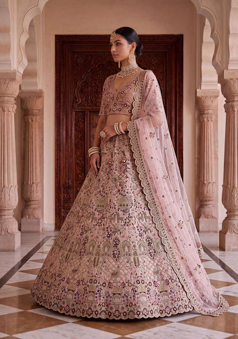 Dusty Pink Sequin Work Silk Lehenga Set - Indya