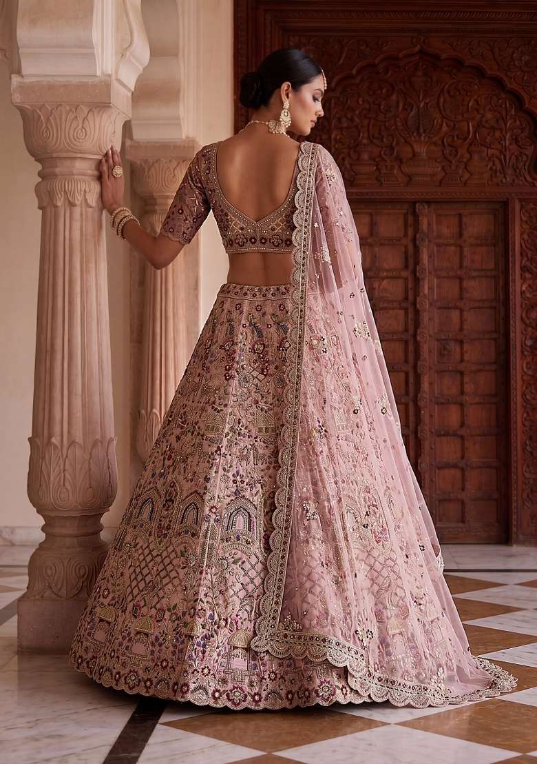 Dusty Pink Sequin Work Silk Lehenga Set - Indya