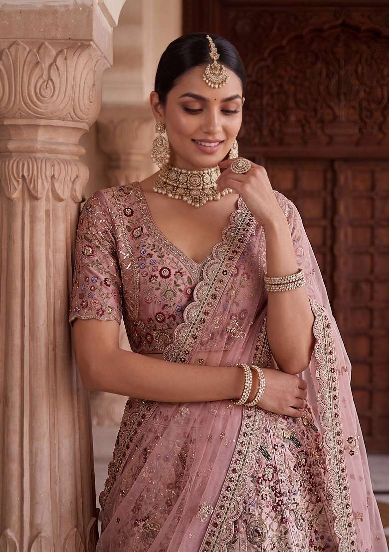 Dusty Pink Sequin Work Silk Lehenga Set - Indya