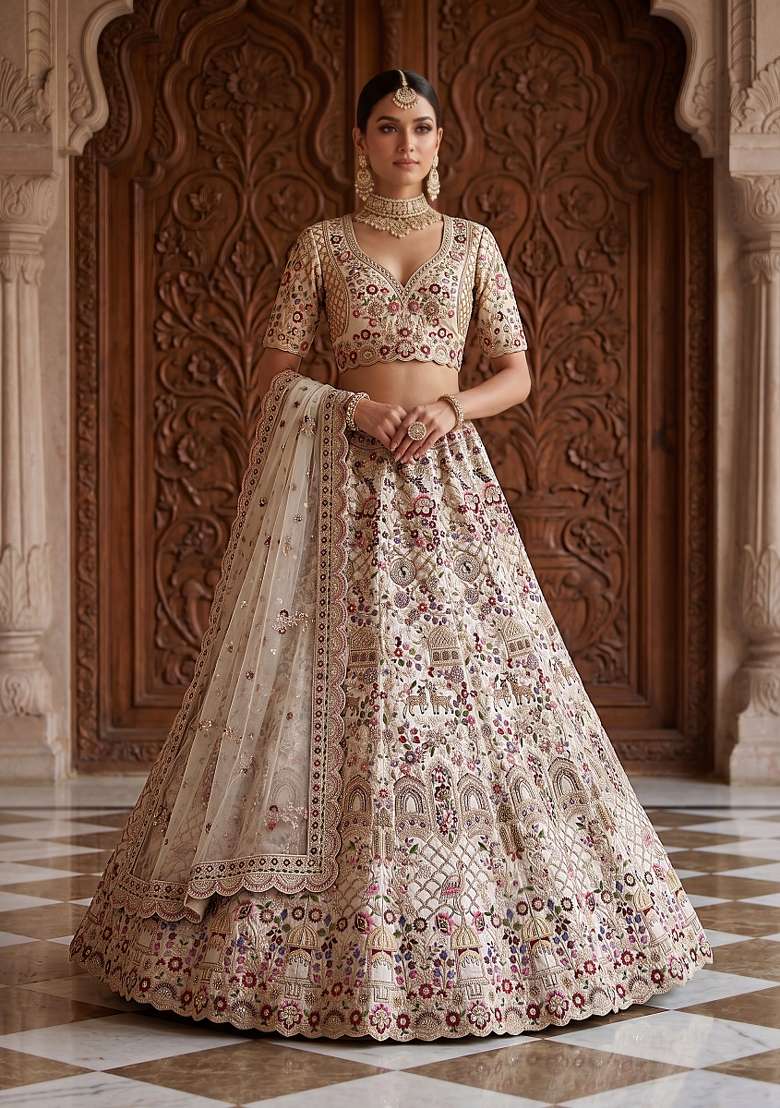 Cream Sequin Work Silk Lehenga Set - Indya