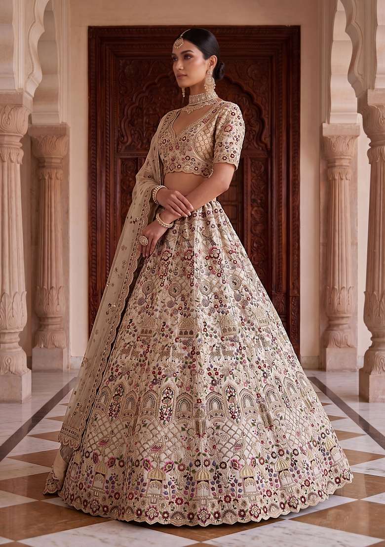 Cream Sequin Work Silk Lehenga Set - Indya