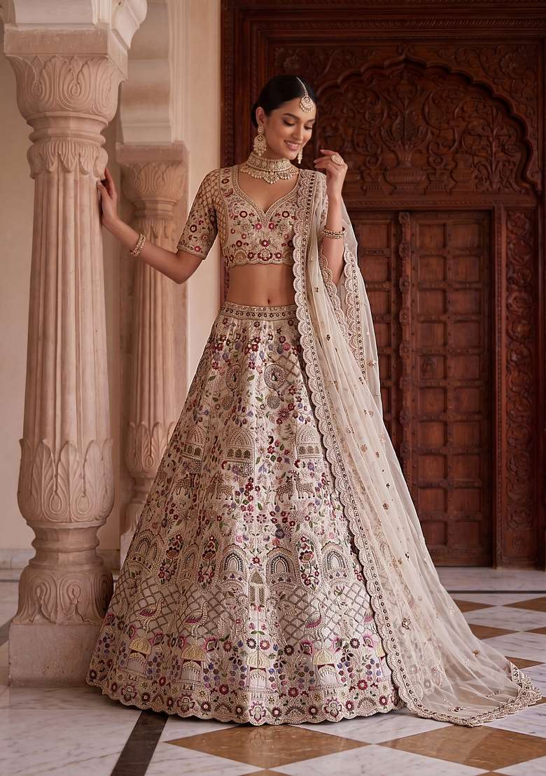Cream Sequin Work Silk Lehenga Set - Indya