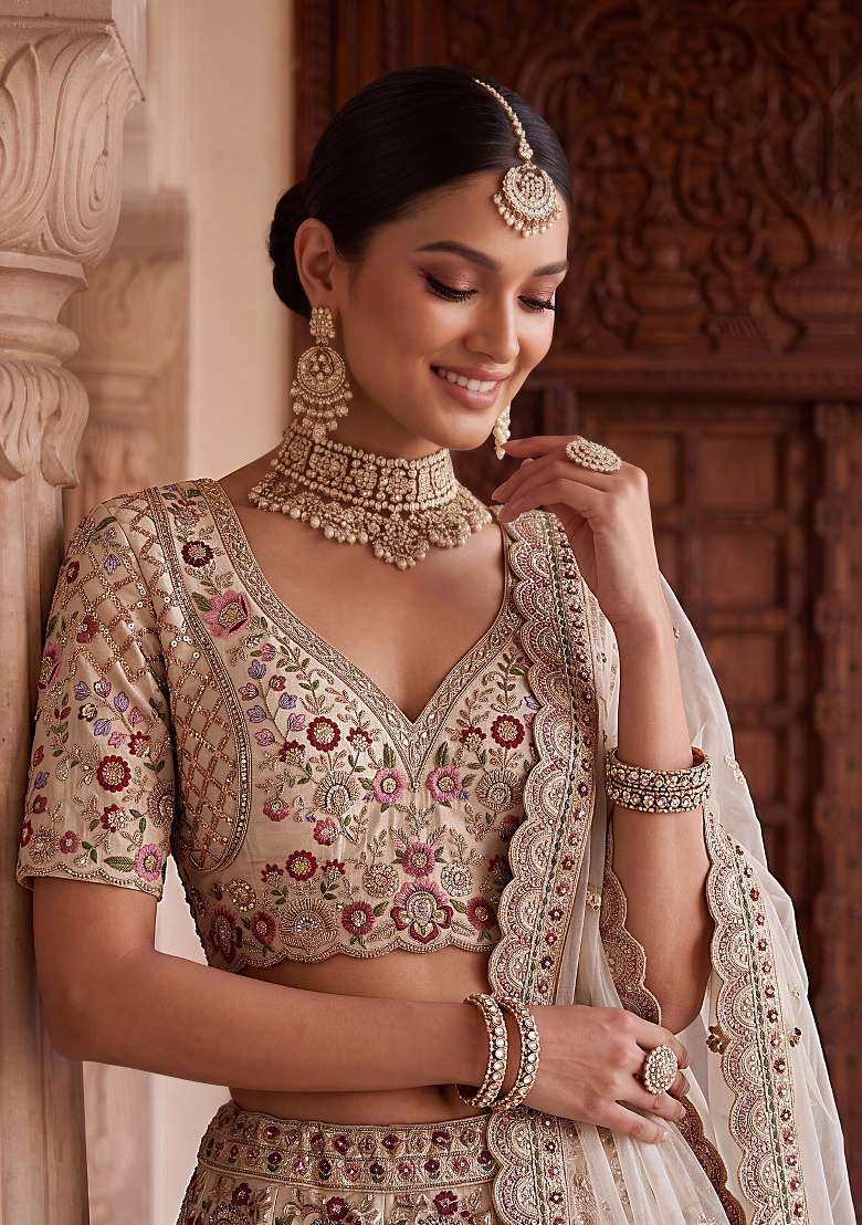 Cream Sequin Work Silk Lehenga Set - Indya
